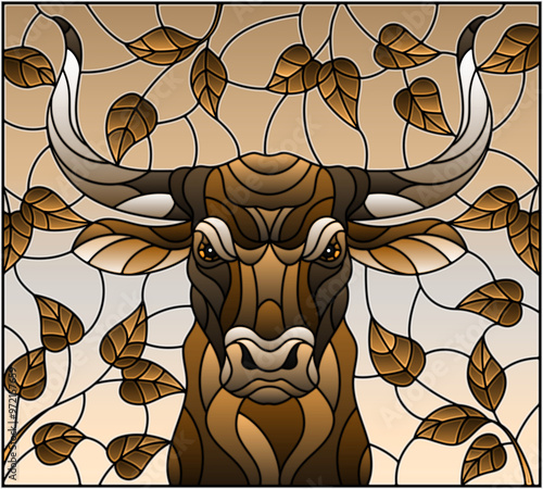 Illustration in stained glass style with bull head,on the background of tree branches and the sky, a rectangular image, tone brown