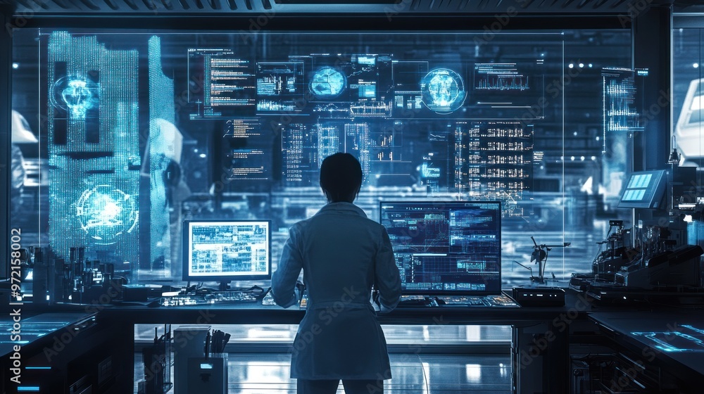 A person analyzes data in a high-tech control room with holographic displays. A person analyzes data in a high-tech control room with holographic displays.