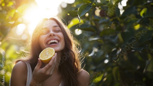 Fröhliche Frau mit strahlendem Lächeln hält Zitronenscheibe. Gesundheit durch Vitamin C. Frische und Vitalität. Positives Lifestyle-Konzept für Ernährung photo