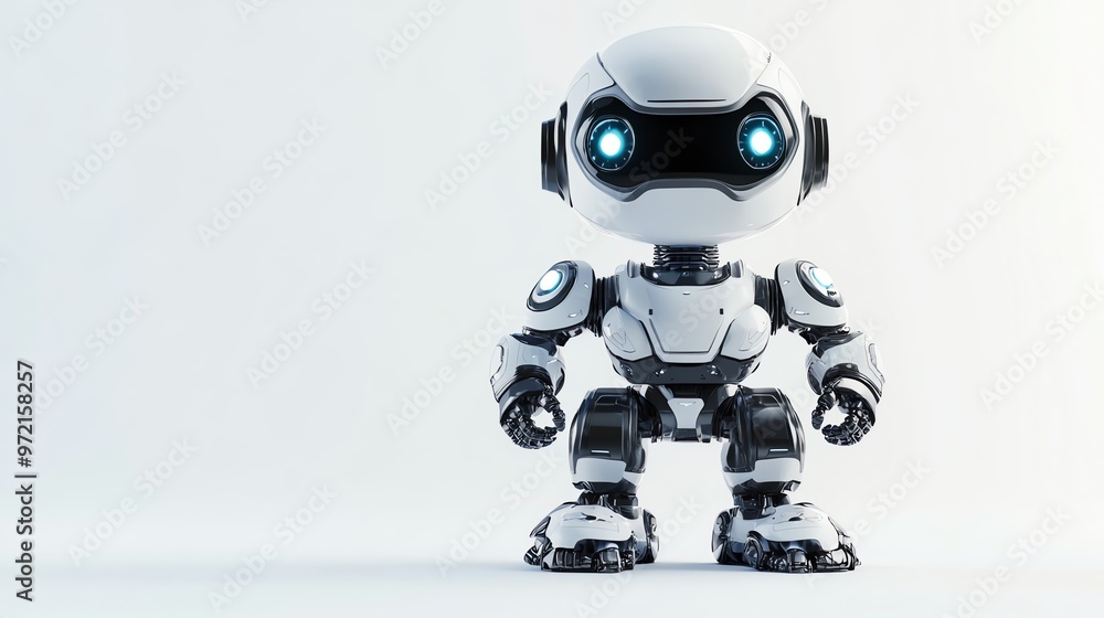 A small, white robot stands on a white background. A small, white robot stands on a white background.