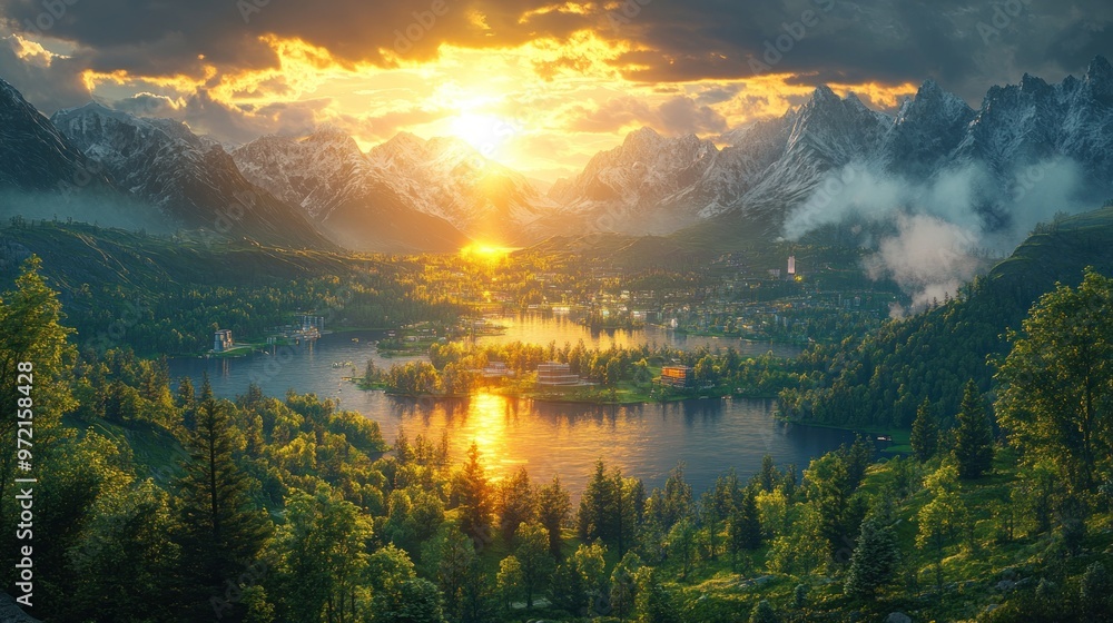 Serene landscape at sunset with mountains and a tranquil lake. Serene landscape at sunset with mountains and a tranquil lake.