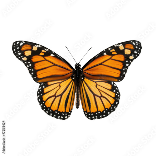 Monarch butterfly with open wings showcasing vibrant orange and black patterns on a transparent background