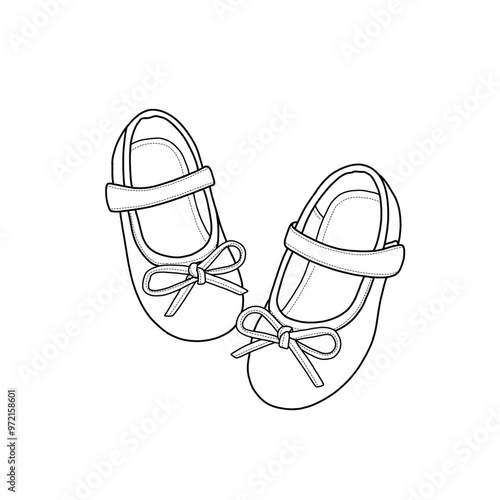Vector sketch of flat sandals for babies or kids with velcro straps and anti-slip. Ribbon accessory on the front. Isolated on a white background