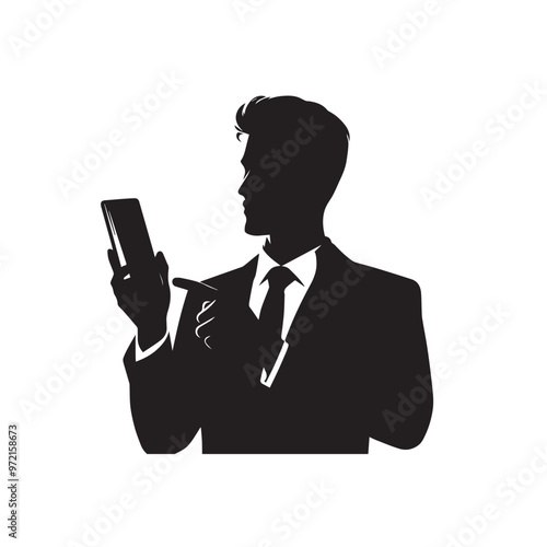 Man with cellphone silhouette. Businessman phone browsing vector design black and white.