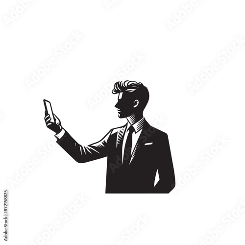 Man with cellphone silhouette. Businessman phone browsing vector design black and white.