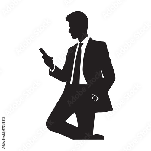Man with cellphone silhouette. Businessman phone browsing vector design black and white.
