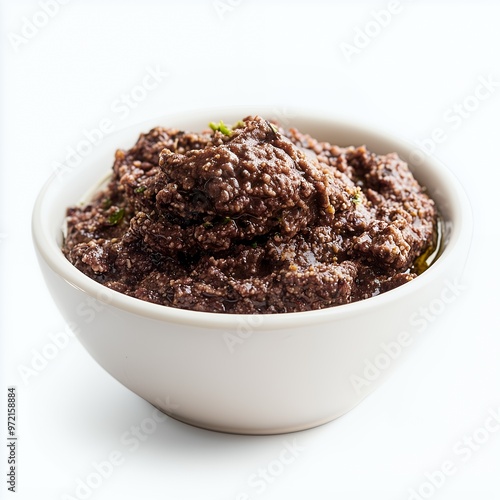 Close-up of a bowl of black olive tapenade.