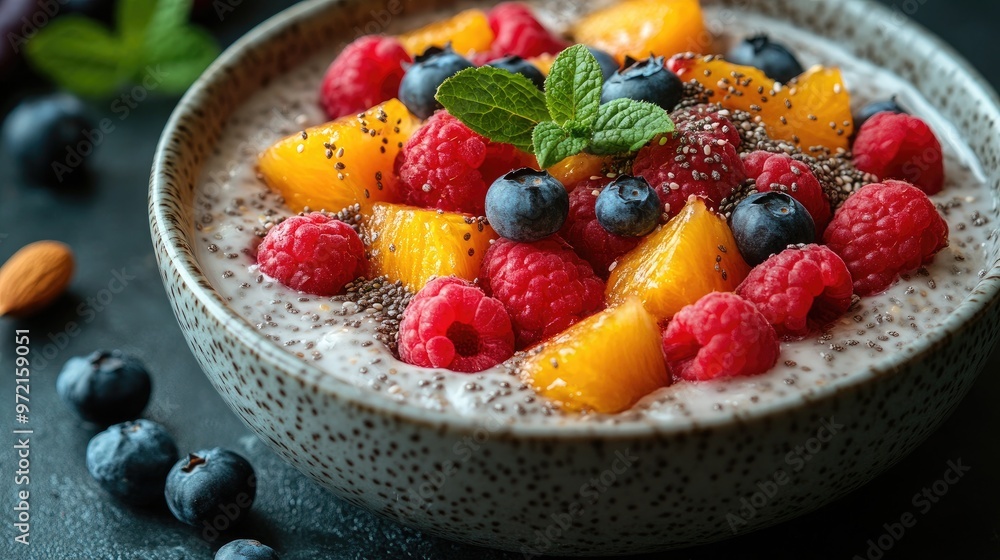 Delicious Chia Pudding Topped with Fresh Fruits and Nuts for Healthy Eating and Refreshing Breakfast Delicious Chia Pudding Topped with Fresh Fruits and Nuts for Healthy Eating and Refreshing Breakfast