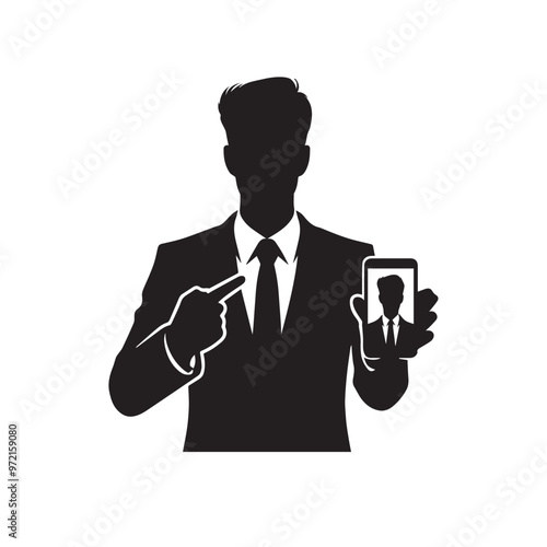 Man with cellphone silhouette. Businessman phone browsing vector design black and white.