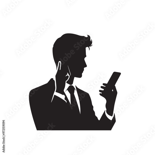 Man with cellphone silhouette. Businessman phone browsing vector design black and white.