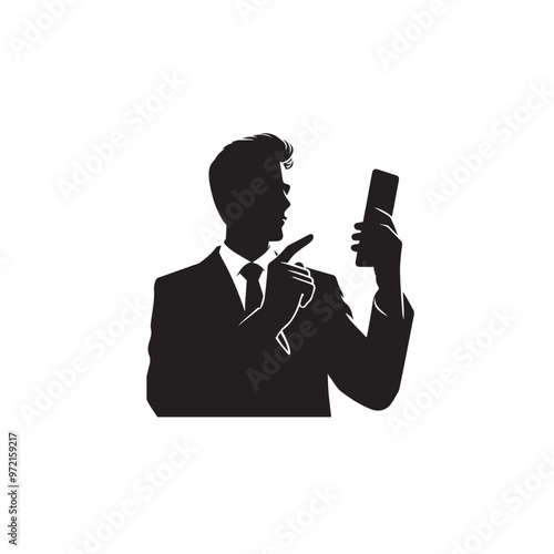 Man with cellphone silhouette. Businessman phone browsing vector design black and white.