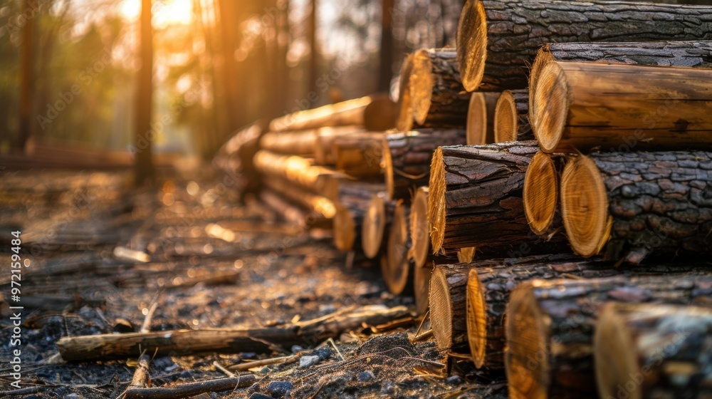 Long stack of logs on gravel soil surface land at the edge of the forest ready for transport or processing. Concept of deforestation Long stack of logs on gravel soil surface land at the edge of the forest ready for transport or processing. Concept of deforestation