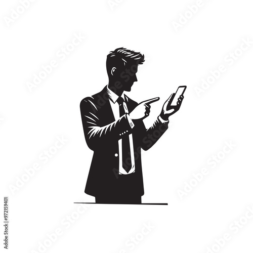Man with cellphone silhouette. Businessman phone browsing vector design black and white.