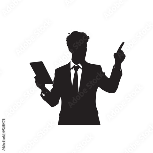 Man with cellphone silhouette. Businessman phone browsing vector design black and white.