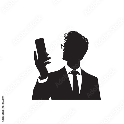Man with cellphone silhouette. Businessman phone browsing vector design black and white.