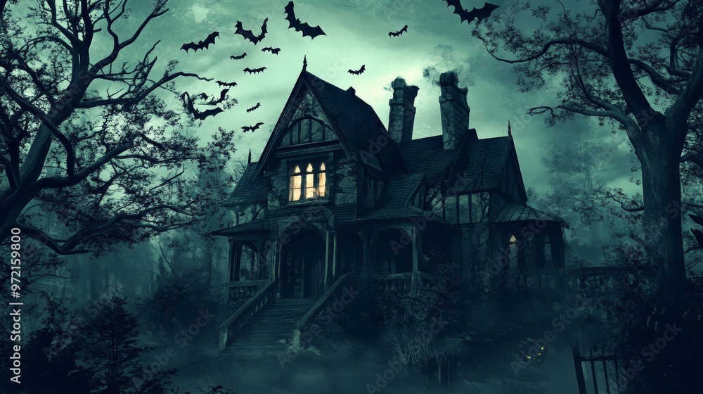 A creepy abandoned house with flying bats, dead trees, and fog surrounding it, creating a spooky Halloween atmosphere at dusk. A creepy abandoned house with flying bats, dead trees, and fog surrounding it, creating a spooky Halloween atmosphere at dusk.