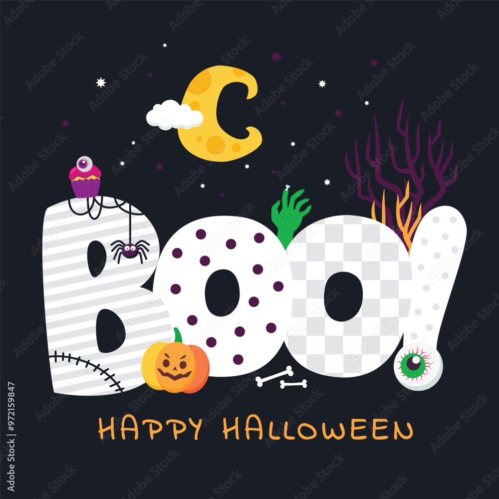 Fototapeta premium A Halloween poster with a pumpkin, a spiderweb, a spider, the moon, a zombie hand, and bones, with the text 'Boo'.