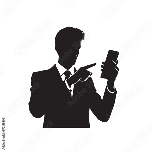 Man with cellphone silhouette. Businessman phone browsing vector design black and white.