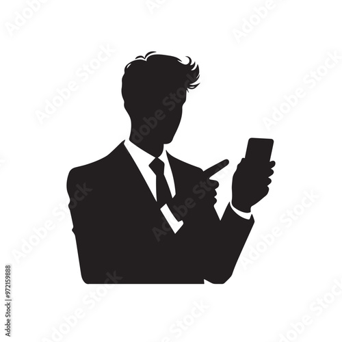 Man with cellphone silhouette. Businessman phone browsing vector design black and white.
