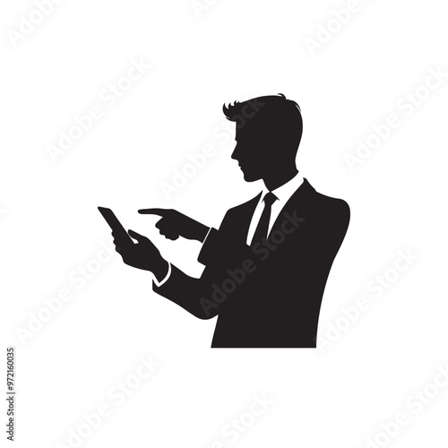 Man with cellphone silhouette. Businessman phone browsing vector design black and white.