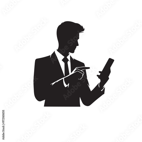 Man with cellphone silhouette. Businessman phone browsing vector design black and white.