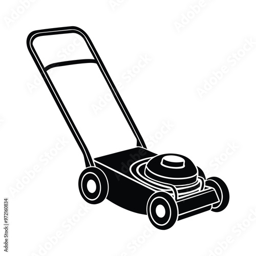 illustration of a classic push lawn mower featurin