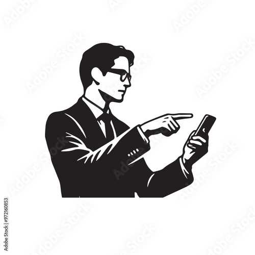 Man with cellphone silhouette. Businessman phone browsing vector design black and white.