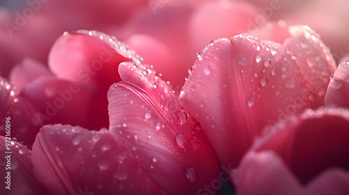 Close-up macro shot of pink tulip petals with dew drops.