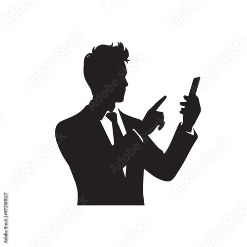 Man with cellphone silhouette. Businessman phone browsing vector design black and white.