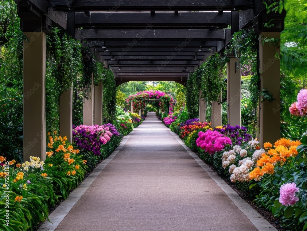 A flower-lined walkway through a botanical garden, flanked by vibrant blooms on either side A flower-lined walkway through a botanical garden, flanked by vibrant blooms on either side