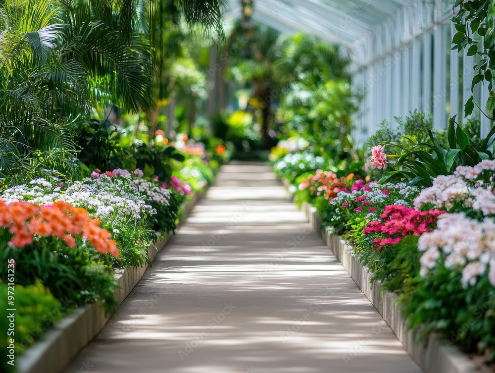A flower-lined walkway through a botanical garden, flanked by vibrant blooms on either side A flower-lined walkway through a botanical garden, flanked by vibrant blooms on either side