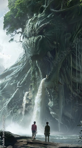 Enchanted Forest: A Giant Tree Monster and Two Figures