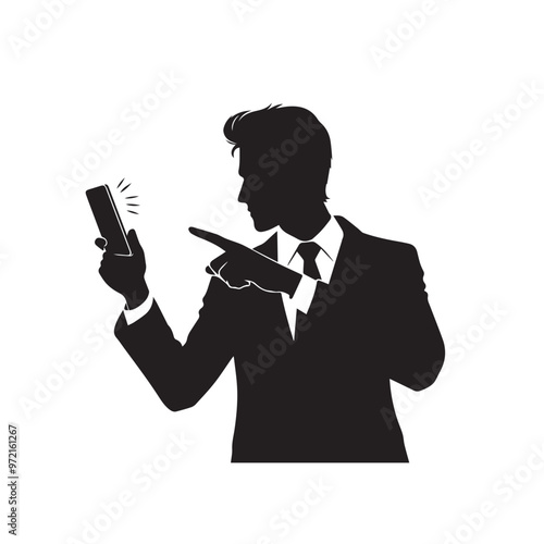 Man with cellphone silhouette. Businessman phone browsing vector design black and white.