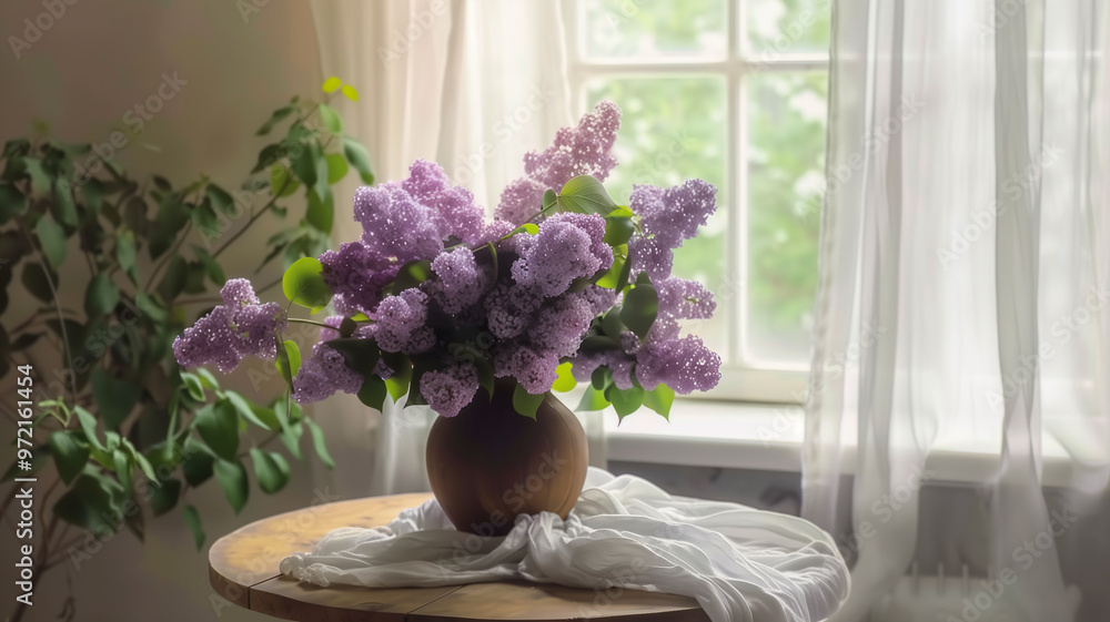 A beautiful bouquet of purple lilacs in a wooden vase. Perfect for projects related to spring, nature, and home decor. A beautiful bouquet of purple lilacs in a wooden vase. Perfect for projects related to spring, nature, and home decor.