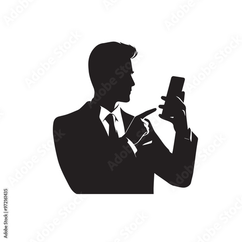 Man with cellphone silhouette. Businessman phone browsing vector design black and white.