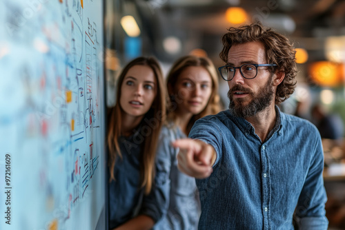  A group of three multi-ethnic business people standing in front of a wall with planning boards, pointing at one board and having a discussion about their project. 