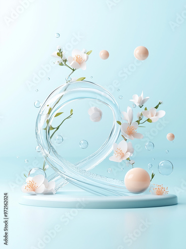 Cosmetic company image - water swirl with pure white flowers and round objects photo