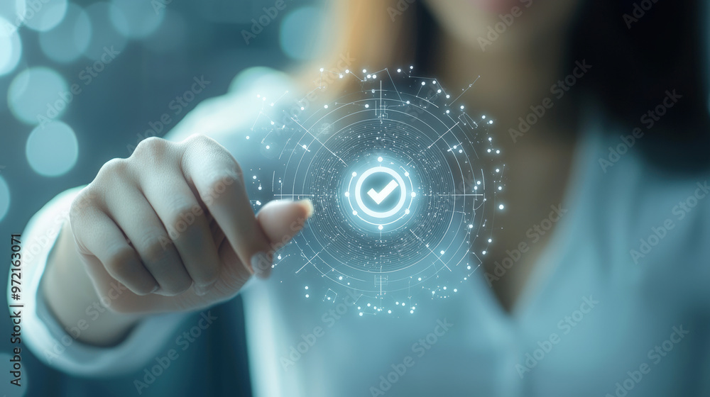 A woman interacts with digital interface, selecting glowing check mark symbol. scene conveys sense of technology and innovation, highlighting importance of digital verification A woman interacts with digital interface, selecting glowing check mark symbol. scene conveys sense of technology and innovation, highlighting importance of digital verification