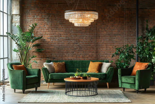 Modern living room interior with green velvet sofa, chairs, and coffee table, brick wall, and large crystal chandelier. photo