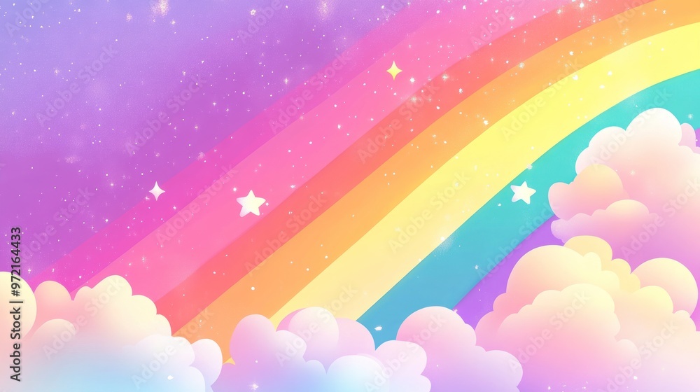 A colorful rainbow arching over fluffy clouds in a dreamy pastel sky.