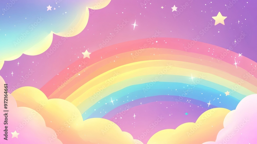 A colorful rainbow arches through pastel clouds, creating a dreamy, whimsical atmosphere. A colorful rainbow arches through pastel clouds, creating a dreamy, whimsical atmosphere.