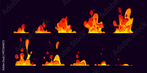 Volcano lava or magma animation game sprite effect sheet. Cartoon vector fluid and fiery animated sequence frame stages depicting a dynamic lava, magma eruption effect from initial bursts to spreading