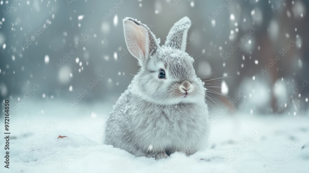 Fototapeta premium A fluffy rabbit sitting in the snow, surrounded by falling snowflakes.