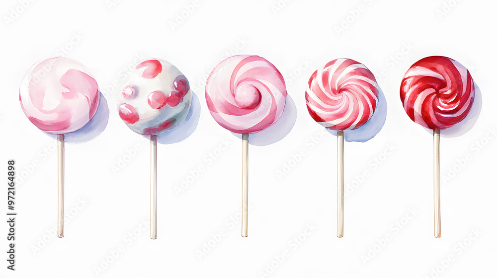 Lollipop with spiral pink colors, twisted sucker candy on stick watercolor collection isolated on white background Lollipop with spiral pink colors, twisted sucker candy on stick watercolor collection isolated on white background