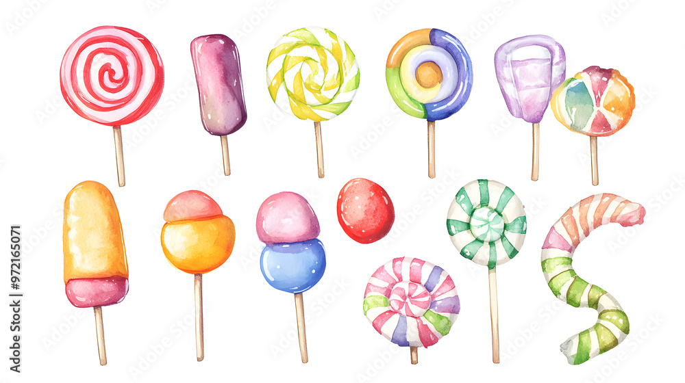 Lollipop with spiral colors, twisted sucker candy on stick watercolor collection isolated on white background Lollipop with spiral colors, twisted sucker candy on stick watercolor collection isolated on white background