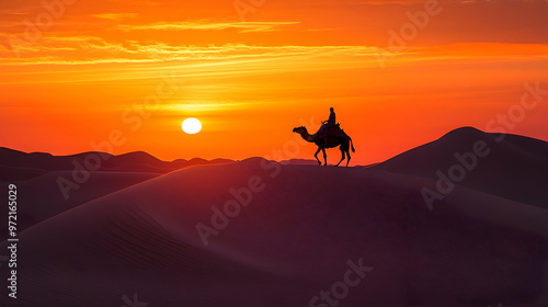 Silhouette of a camel and rider walking through the desert dunes at sunset.