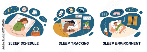 Vector illustration set of three sleep habits, sleep schedule, pulse tracking, and bedroom environment. Flat cartoon compositions of bedtime, rest, relaxation. For health and sleep hygiene themes