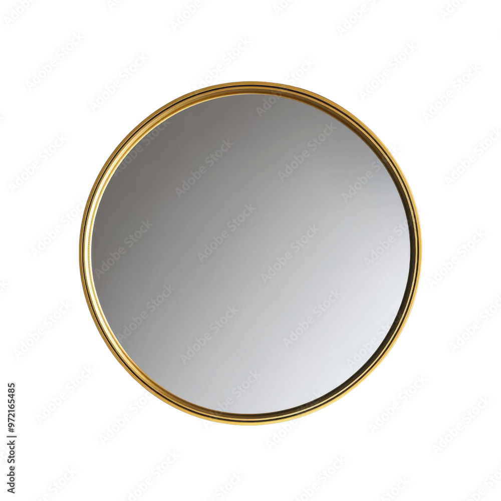 Round gold framed mirror with a minimalist design displayed against a transparent background Round gold framed mirror with a minimalist design displayed against a transparent background