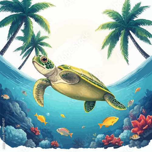turtle with beach background vector illustration. sea world vector logo illustration. cute cartoon sea turtle.