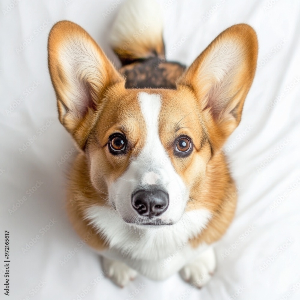 A corgi dog looking up with big ears and brown eyes on a white background.